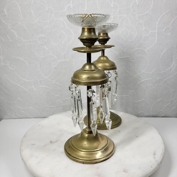 Antique Brass Girandole Candlesticks 11" Gold 8 Clear Hanging Crystals Set of 2 - Picture 2 of 16